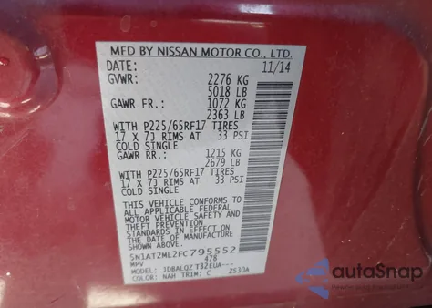2015 Nissan Rogue Sv z USA, uszkodzony, nr VIN 5N1AT2ML2FC795552